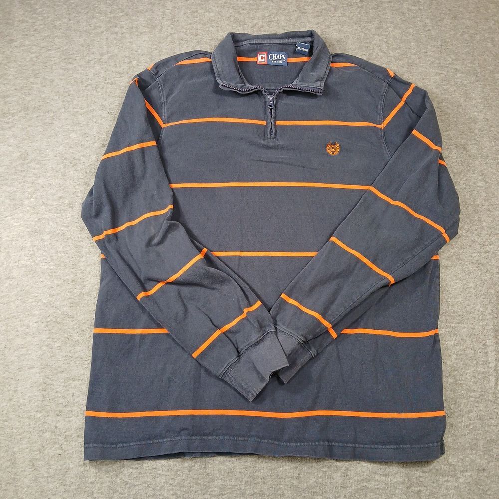 CHAPS RUGBY POLO Shirt 100% Cotton L/S 1/4 Zip Striped Logo Black‎ Orange XLT